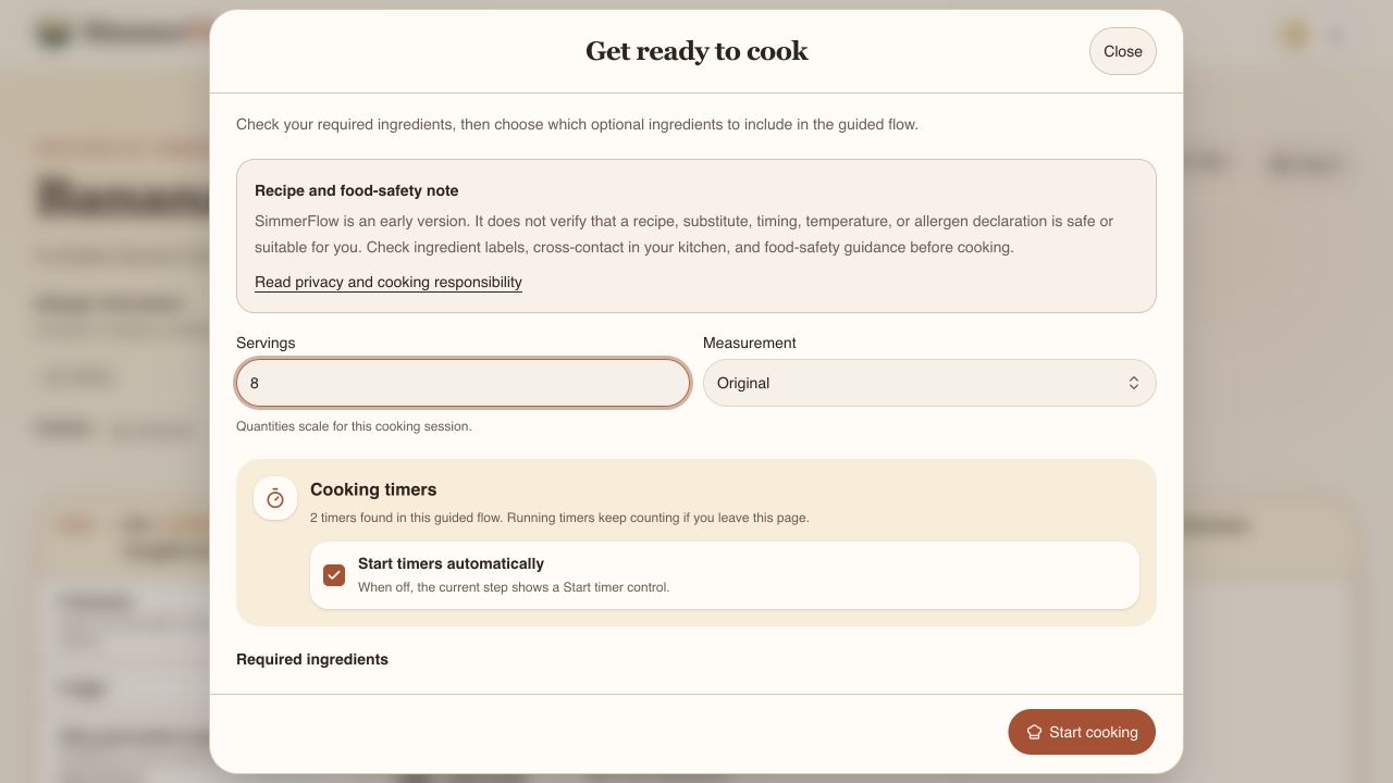 Cook Setup dialog with servings, measurement, automatic timer, and ingredient settings