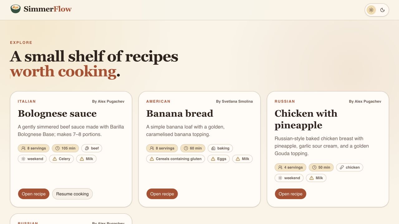 SimmerFlow Explore page showing four recipe cards with servings and duration